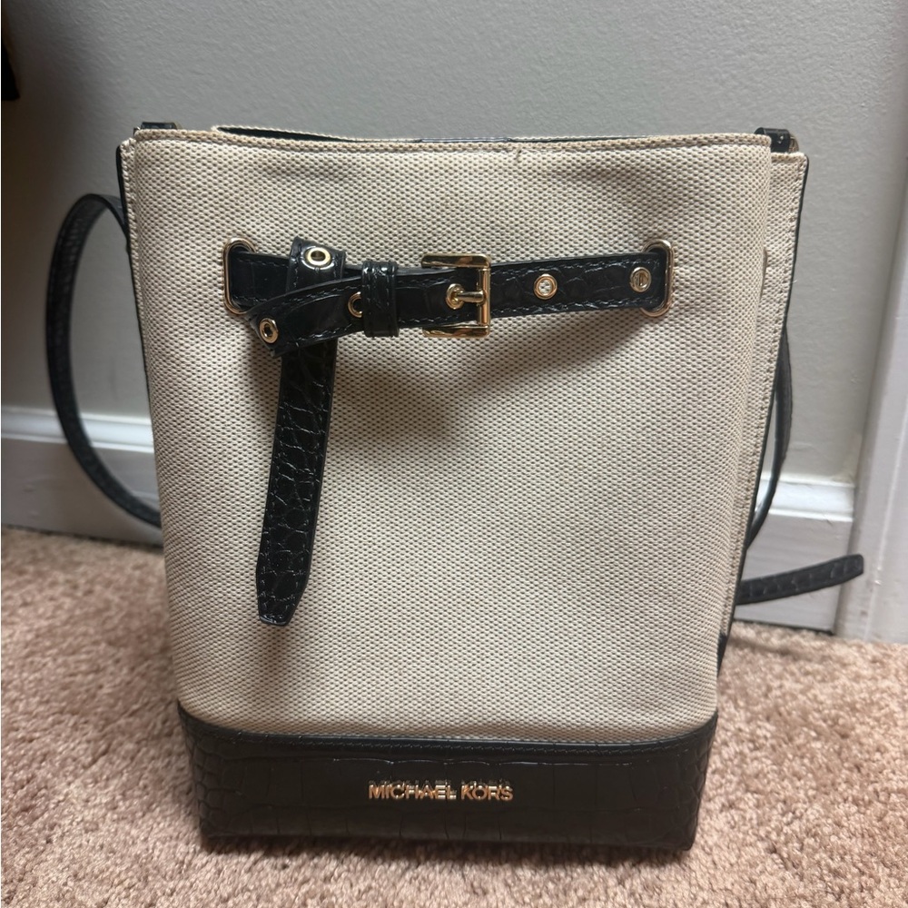 Michael Kors Cream Canvas with Black Leather Trim Bucket Crossbody
